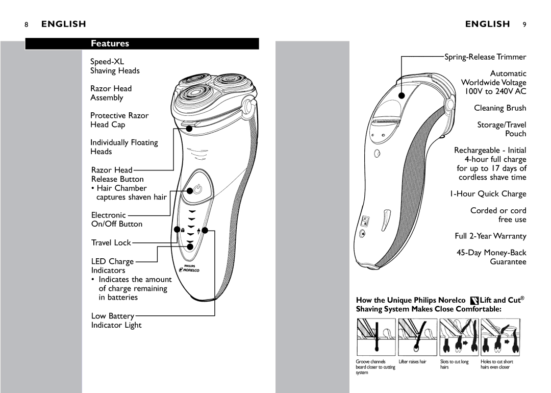 Philips 8270XL manual Features, Electronic On/Off Button Travel Lock LED Charge Indicators, Low Battery Indicator Light 