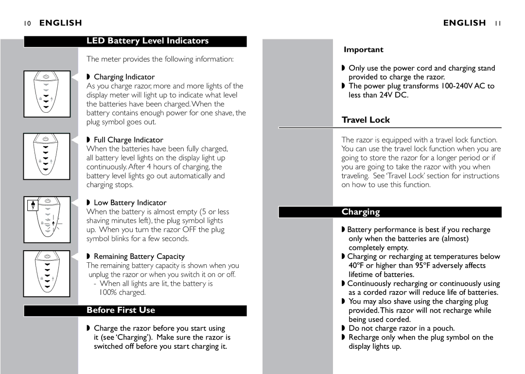 Philips 8270XL manual LED Battery Level Indicators, Before First Use, Travel Lock, Charging 