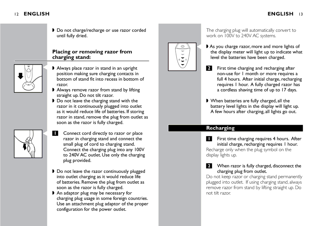 Philips 8270XL manual Placing or removing razor from charging stand, Recharging 