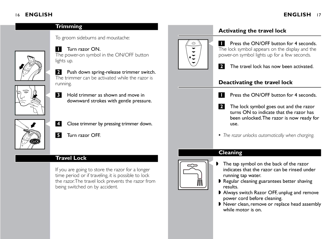 Philips 8270XL manual Trimming, Travel Lock, Activating the travel lock, Deactivating the travel lock, Cleaning 