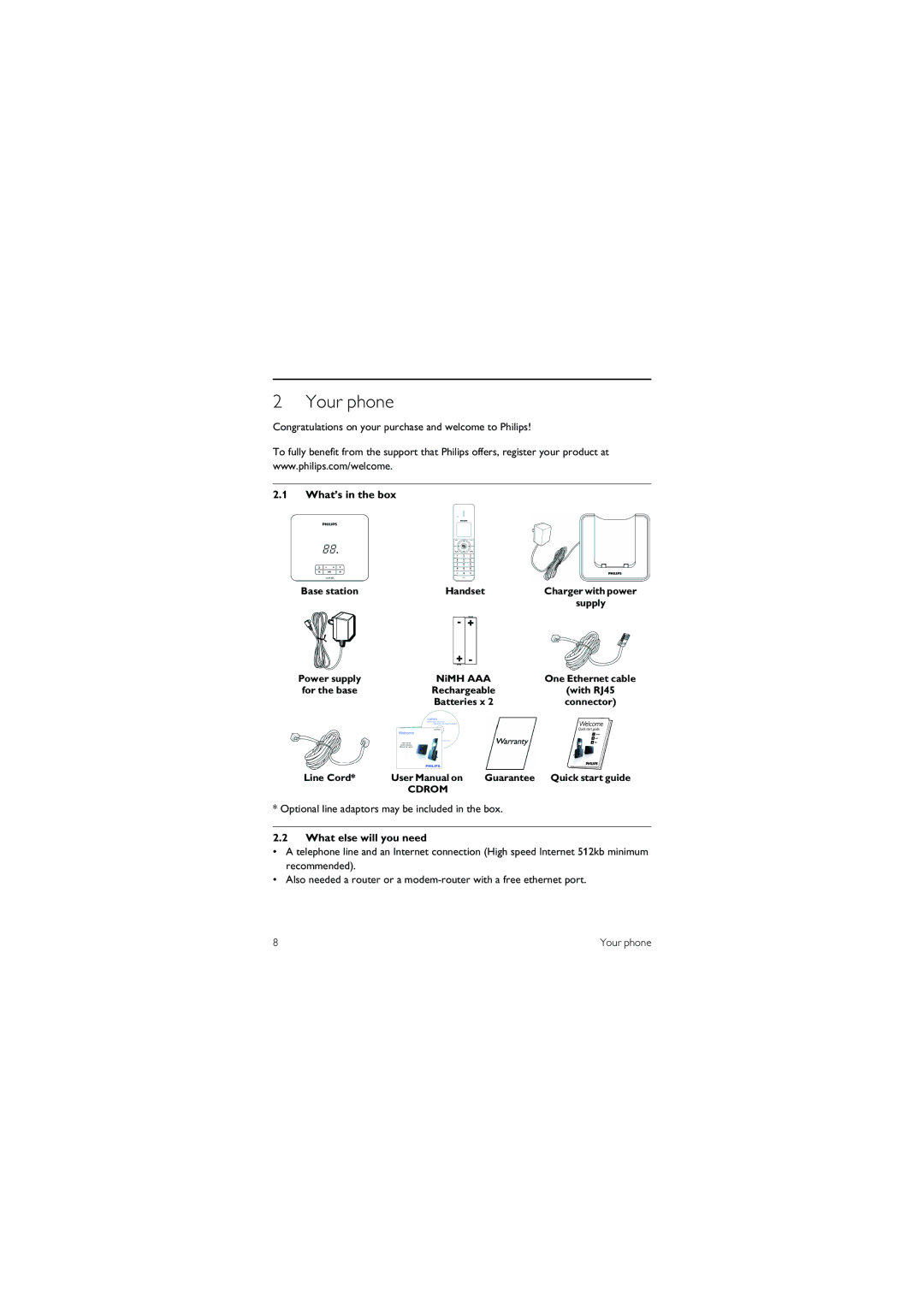 Philips 855 manual Your phone, What’s in the box Base station Handset, NiMH AAA, Line Cord, What else will you need 