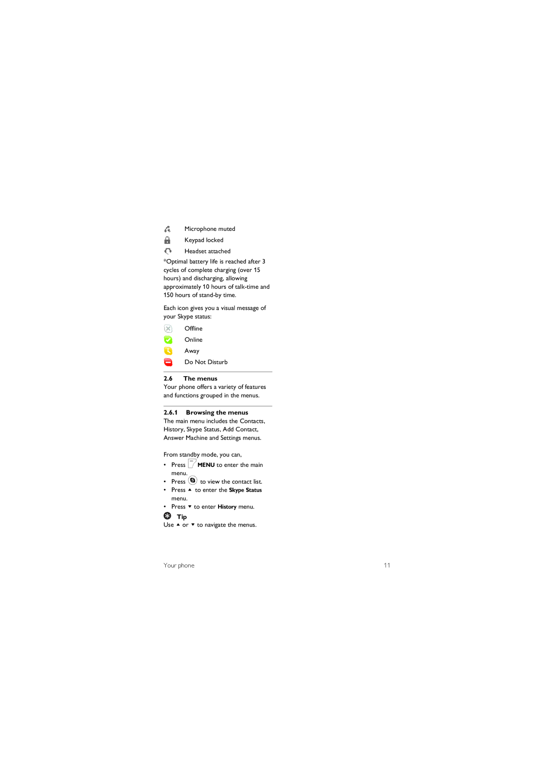Philips 855 manual Menus, Browsing the menus, Press u to enter the Skype Status menu, Tip 