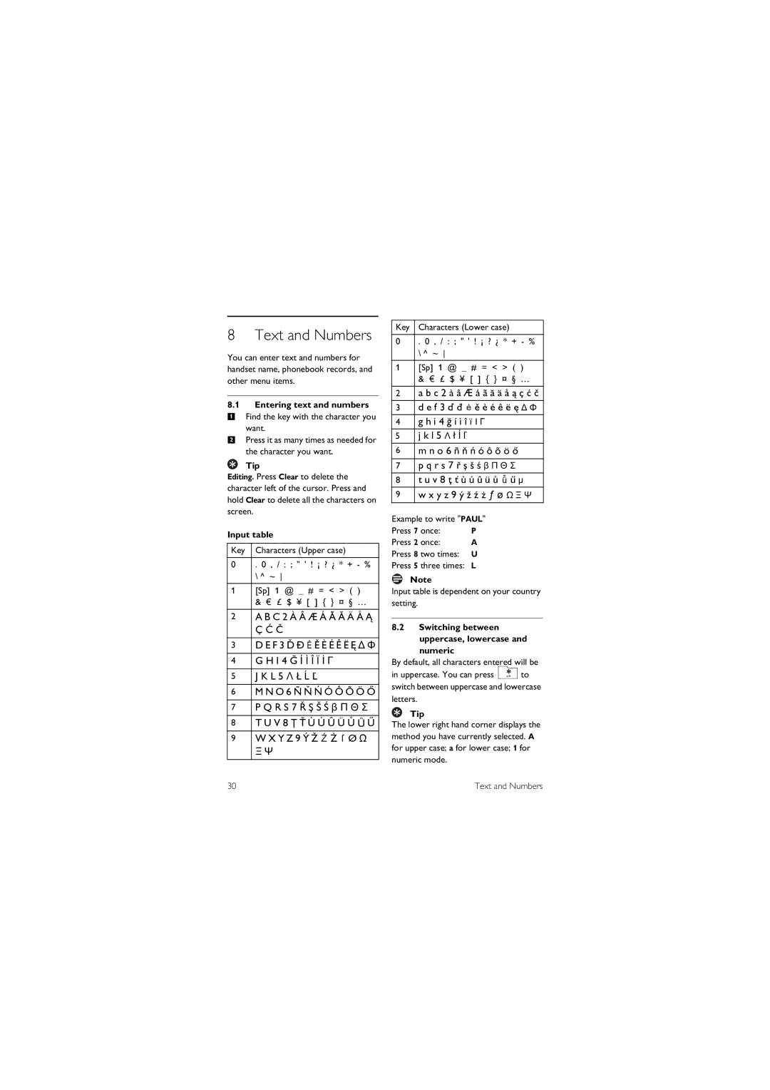 Philips 855 Text and Numbers, Entering text and numbers, Input table, Switching between Uppercase, lowercase and numeric 