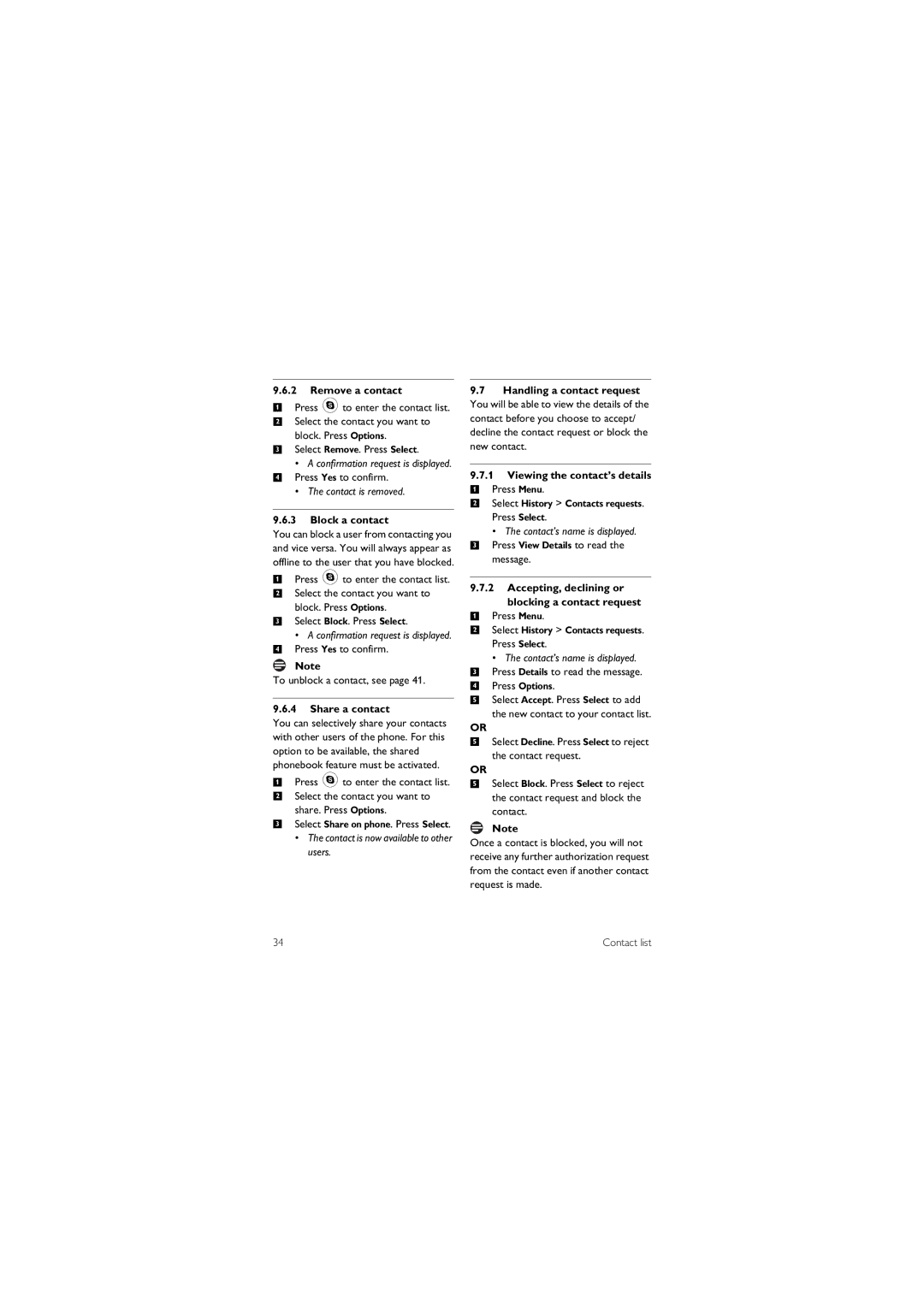 Philips 855 manual Remove a contact, Block a contact, Share a contact, Select History Contacts requests. Press Select 