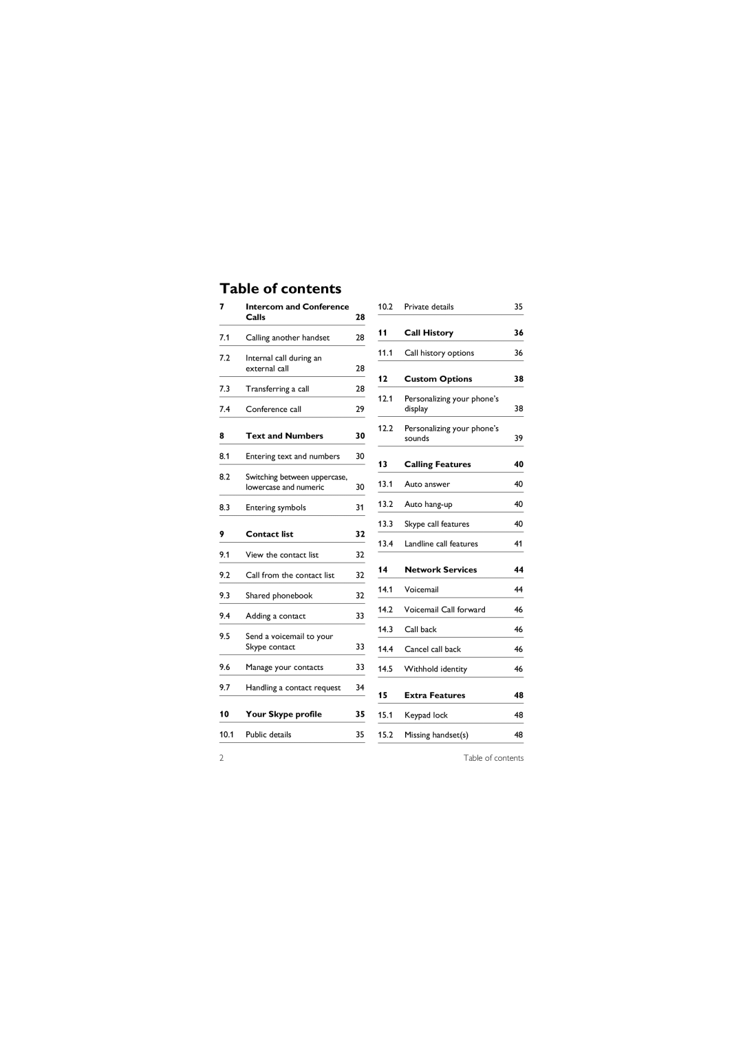 Philips 855 manual Intercom and Conference Calls28, Text and Numbers, Contact list, Your Skype profile, Calling Features 