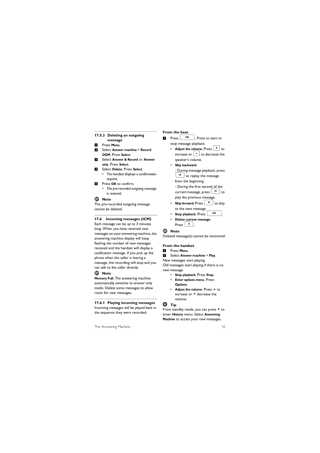 Philips 855 manual Deleting an outgoing message, From the base, Skip backward, From the handset 