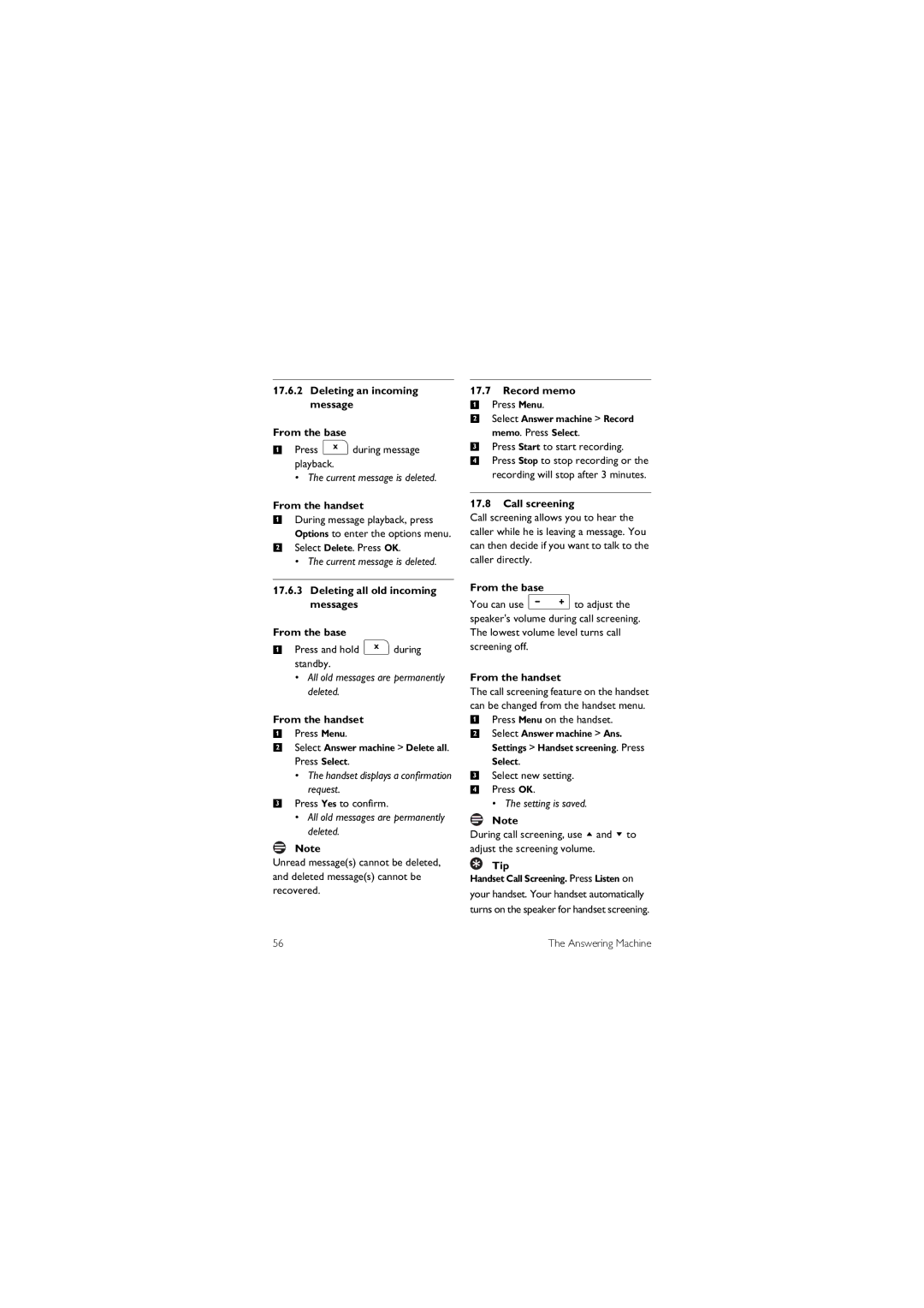 Philips 855 Deleting an incoming message From the base, Deleting all old incoming messages From the base, Record memo 