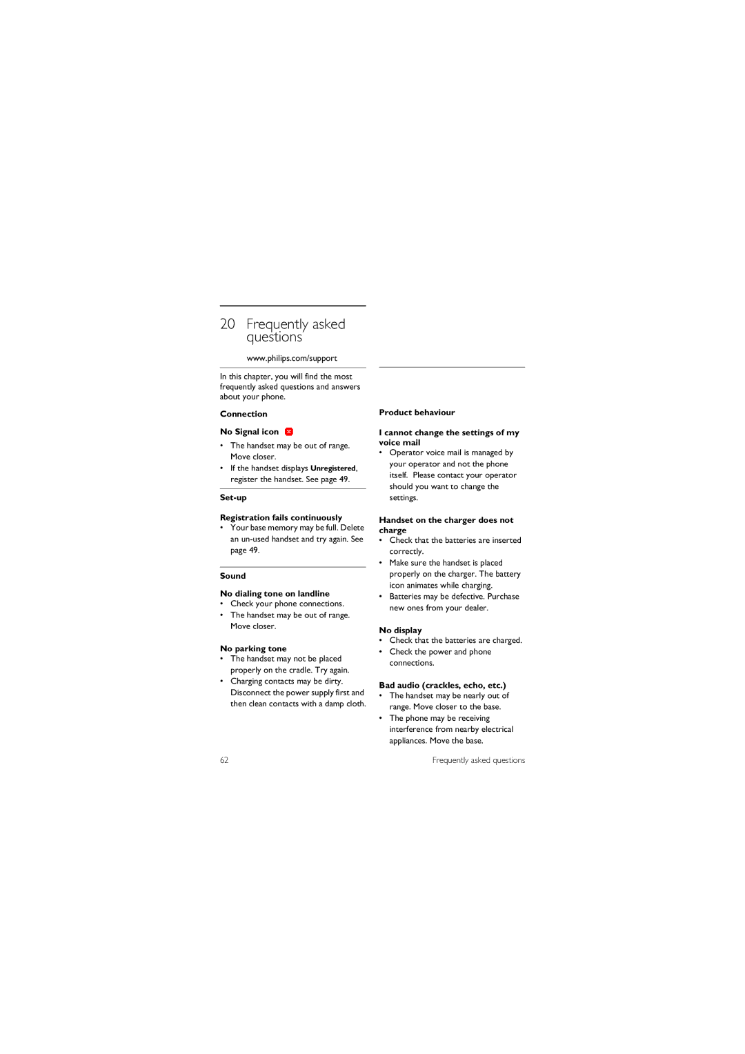 Philips 855 manual Connection No Signal icon, Set-up Registration fails continuously, Sound No dialing tone on landline 