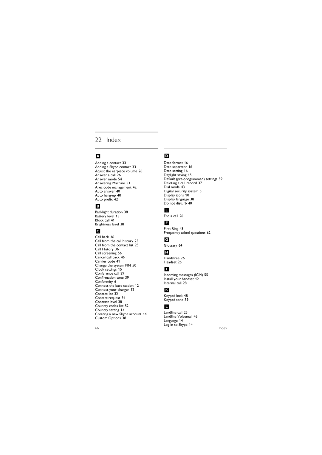 Philips 855 manual Index, Creating a new Skype account 14 Custom Options 