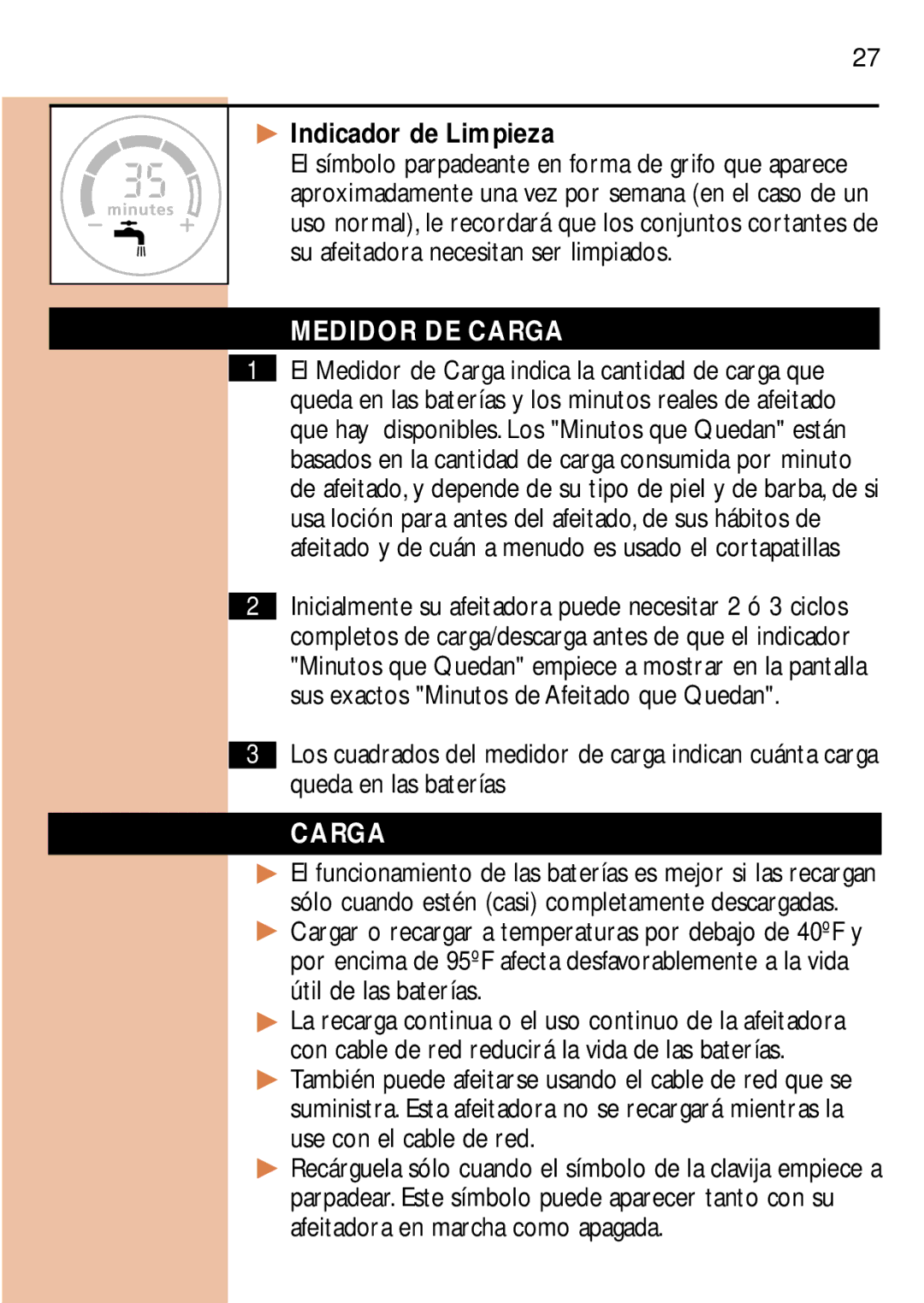 Philips 6887, 85XL 3, 6886, 7885 manual Indicador de Limpieza, Medidor DE Carga 