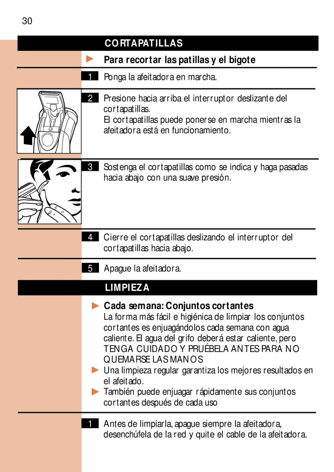 Philips 7885, 85XL 3, 6886 Cortapatillas, Para recortar las patillas y el bigote, Limpieza, Cada semana Conjuntos cortantes 