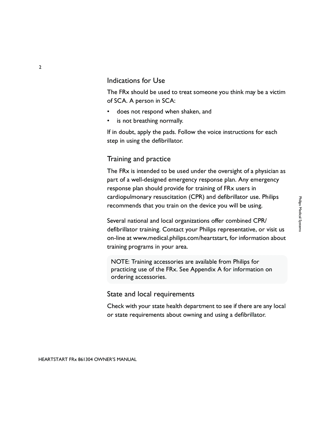 Philips 861304 owner manual Indications for Use, Training and practice, State and local requirements 