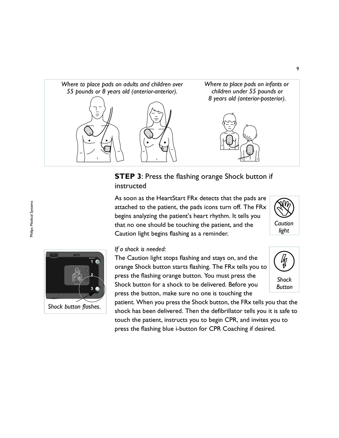 Philips 861304 owner manual Press the flashing orange Shock button if instructed, If a shock is needed 