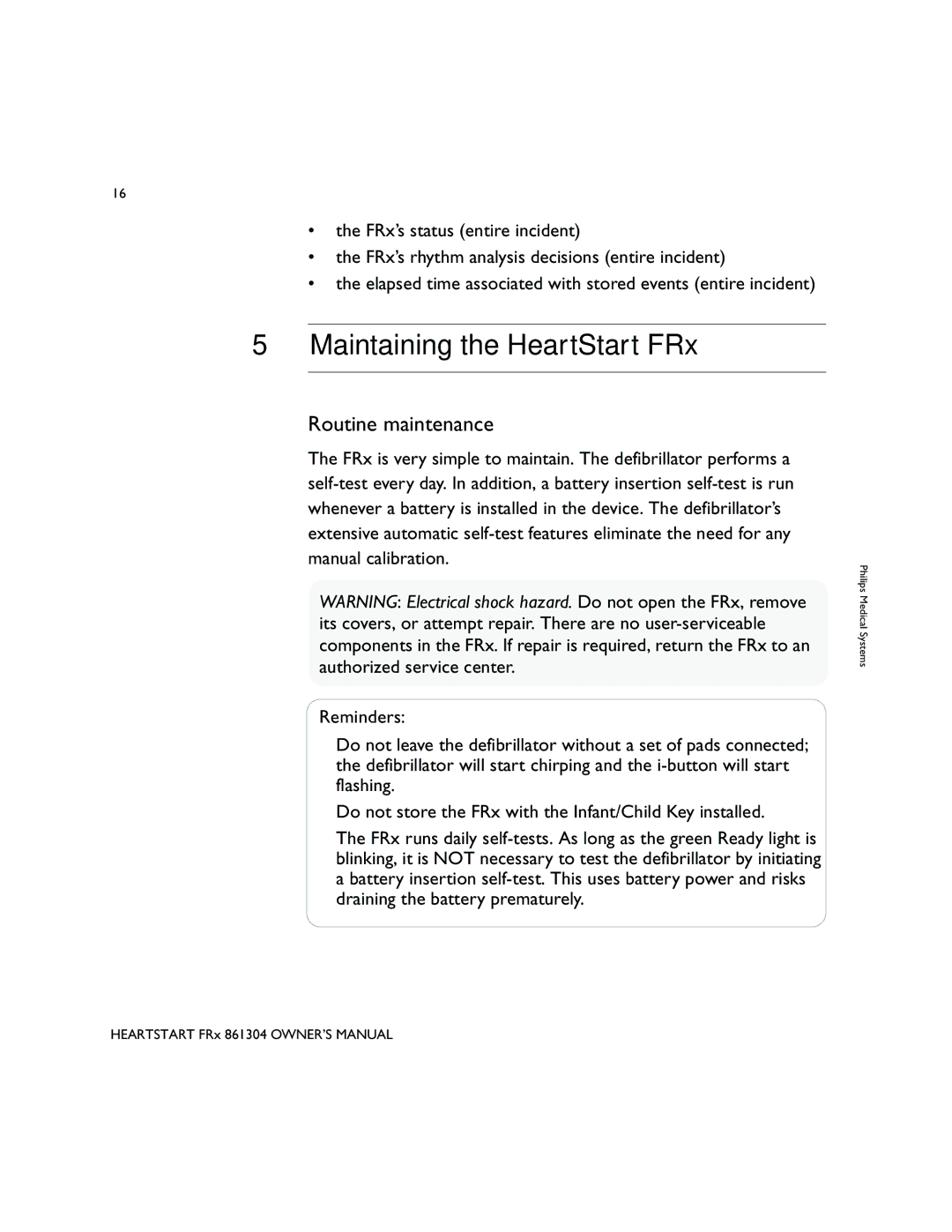 Philips 861304 owner manual Maintaining the HeartStart FRx, Routine maintenance 