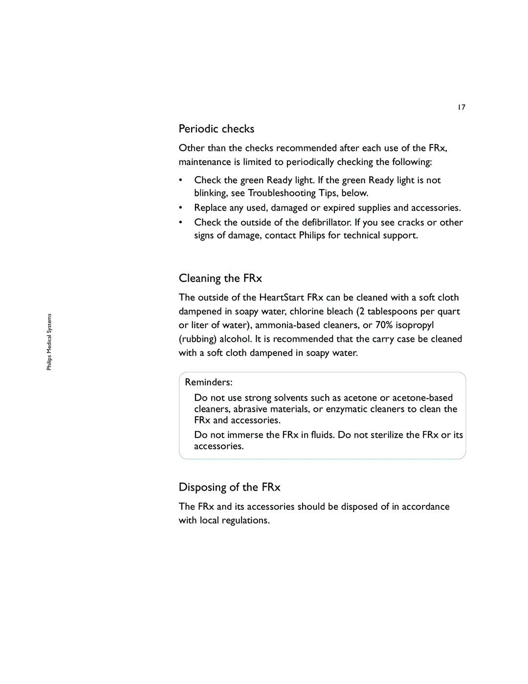 Philips 861304 owner manual Periodic checks, Cleaning the FRx, Disposing of the FRx 