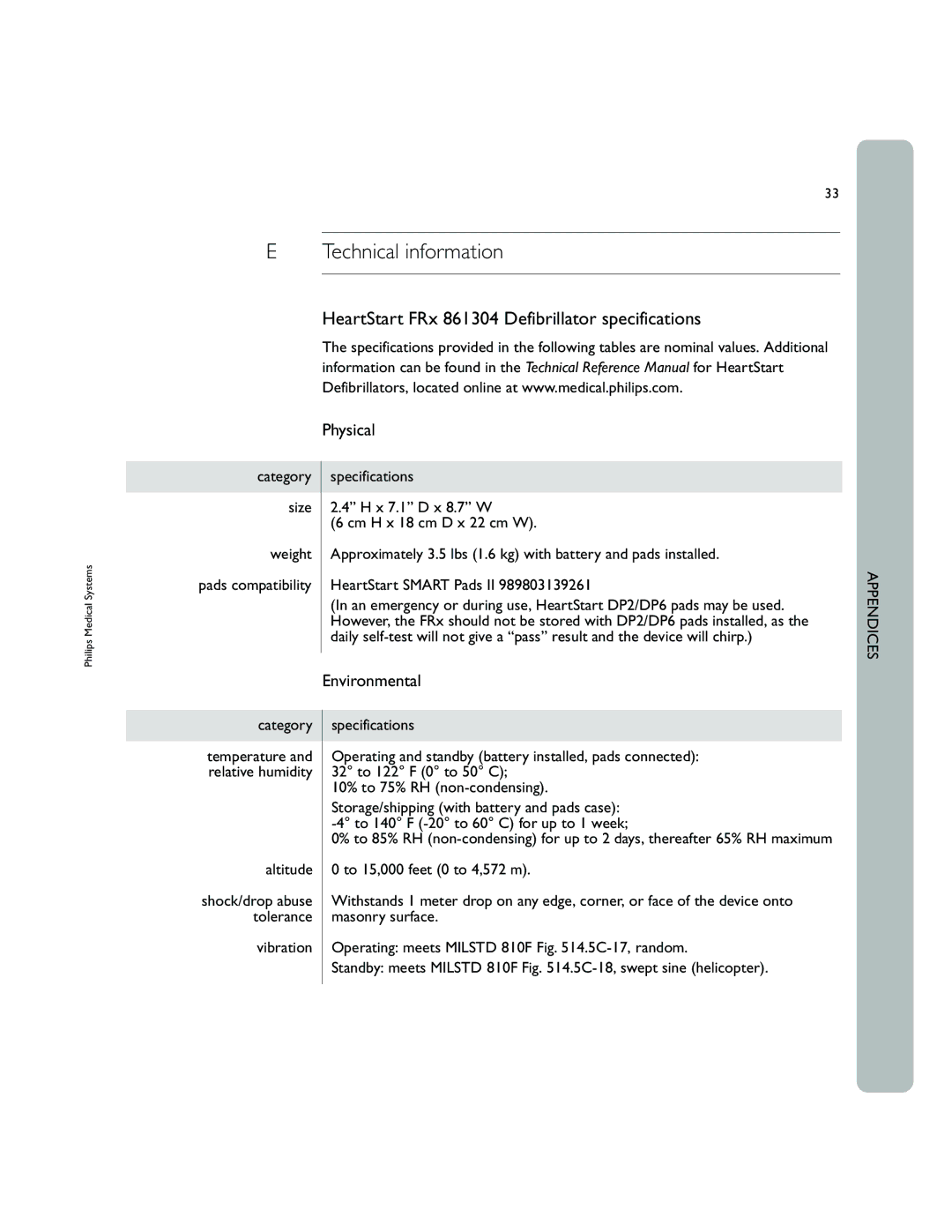 Philips owner manual Technical information, HeartStart FRx 861304 Defibrillator specifications, Physical, Environmental 