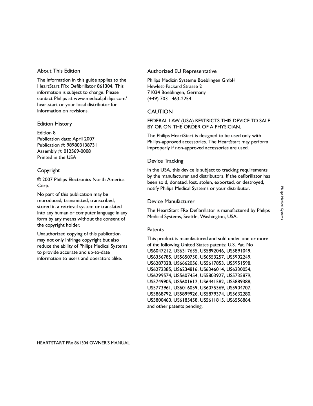Philips 861304 About This Edition Edition History, Copyright, Authorized EU Representative, Device Tracking, Patents 