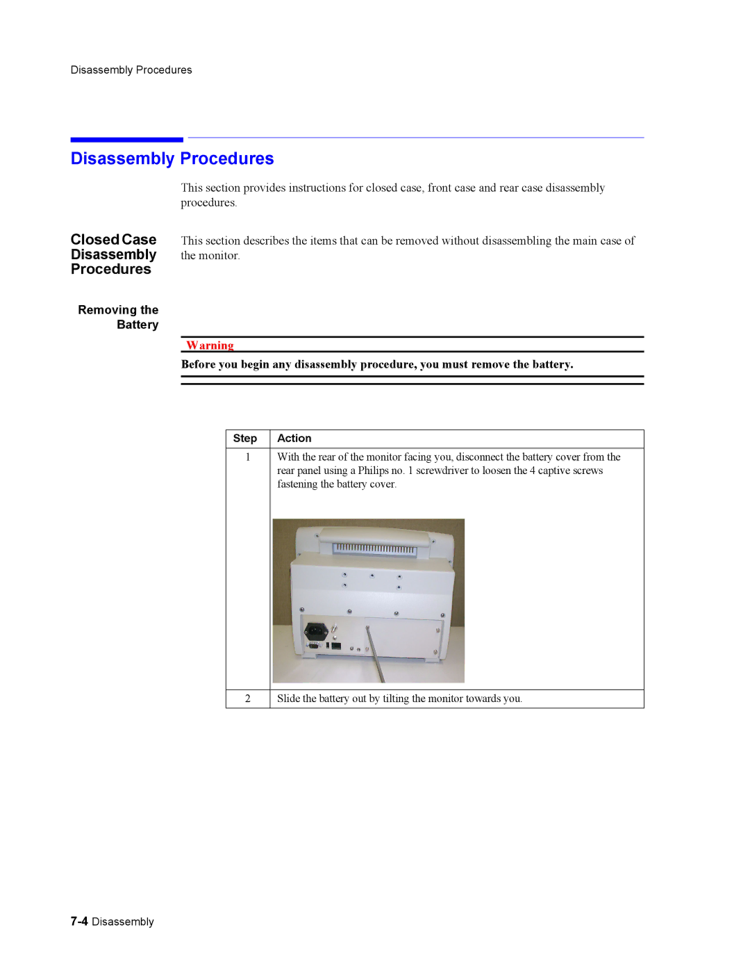 Philips 862478, 862474 manual Disassembly Procedures, Closed Case, Removing Battery 