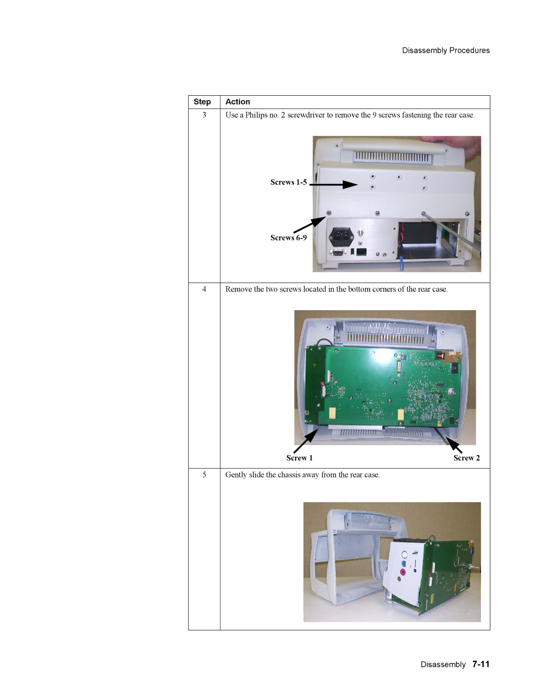 Philips 862474, 862478 manual Screws, Screw Gently slide the chassis away from the rear case 