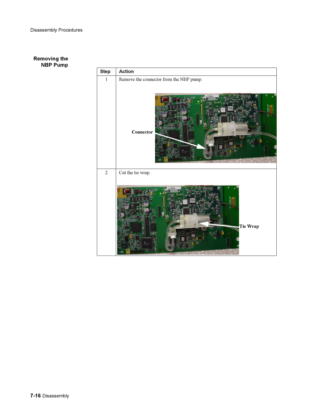 Philips 862478, 862474 manual Removing NBP Pump, Remove the connector from the NBP pump, Connector, Tie Wrap 