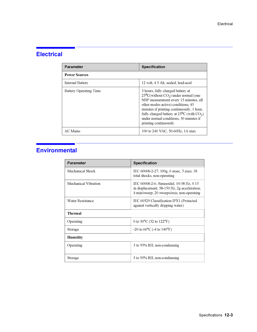 Philips 862474, 862478 manual Electrical, Environmental, Power Sources, Thermal, Humidity 