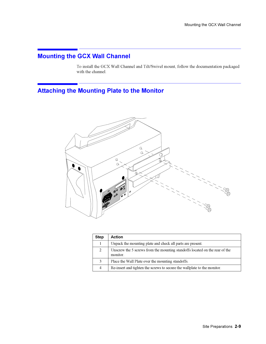 Philips 862474, 862478 manual Mounting the GCX Wall Channel, Attaching the Mounting Plate to the Monitor, Step Action 