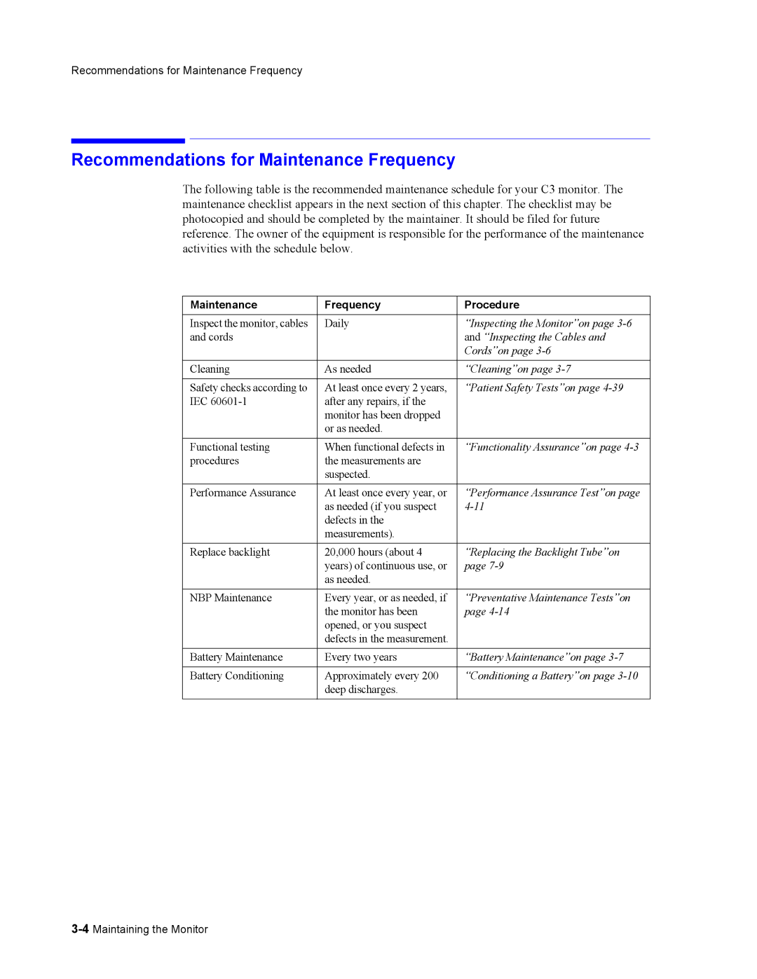 Philips 862478, 862474 manual Recommendations for Maintenance Frequency, Maintenance Frequency Procedure 