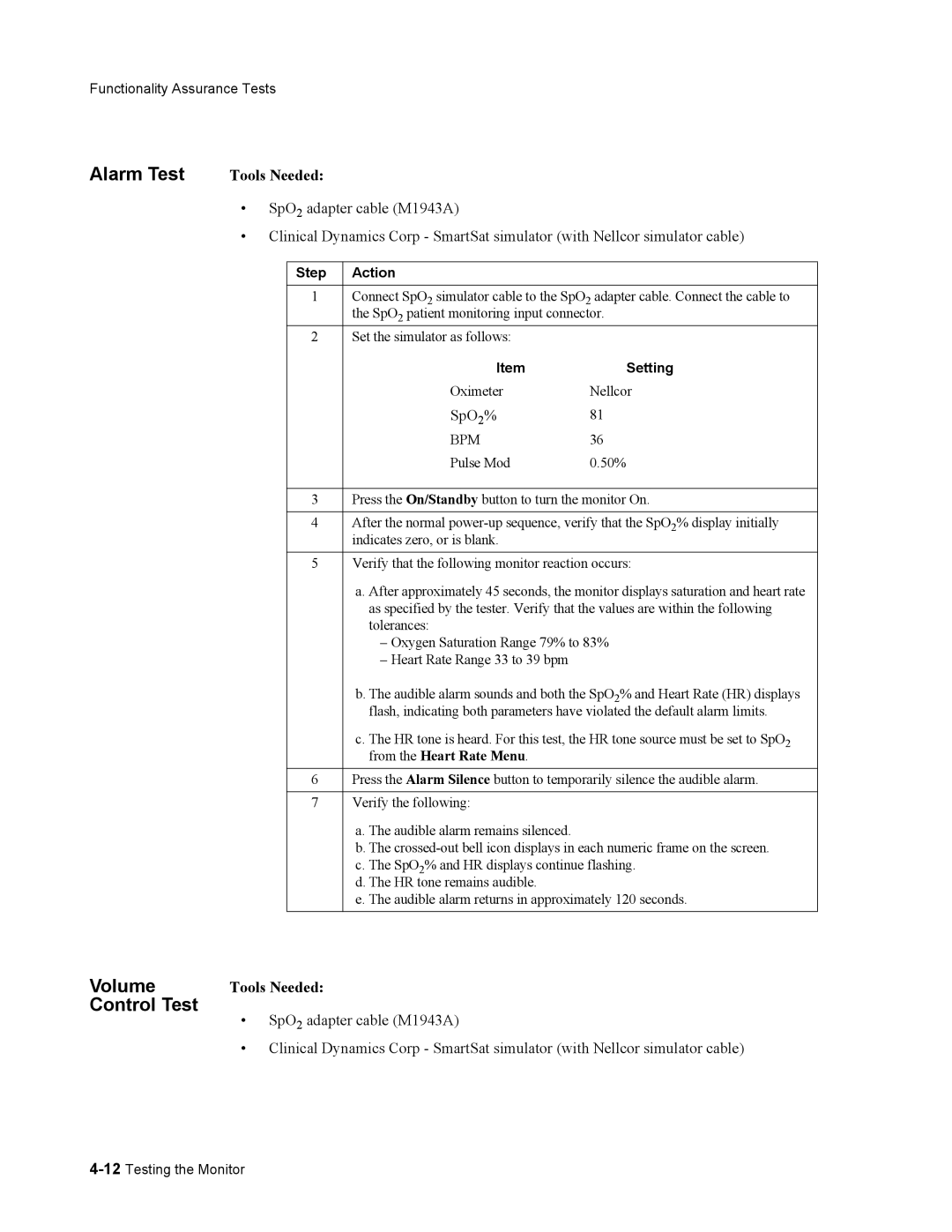 Philips 862478, 862474 manual Alarm Test, Volume Control Test, Setting, From the Heart Rate Menu 