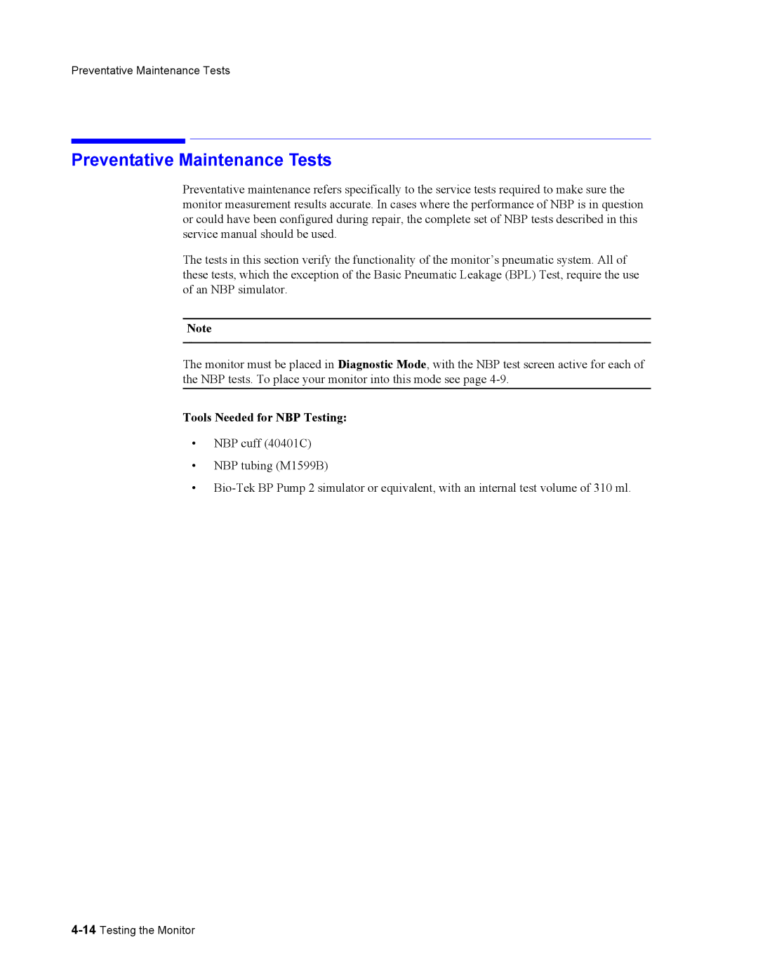 Philips 862478, 862474 manual Preventative Maintenance Tests, Tools Needed for NBP Testing 