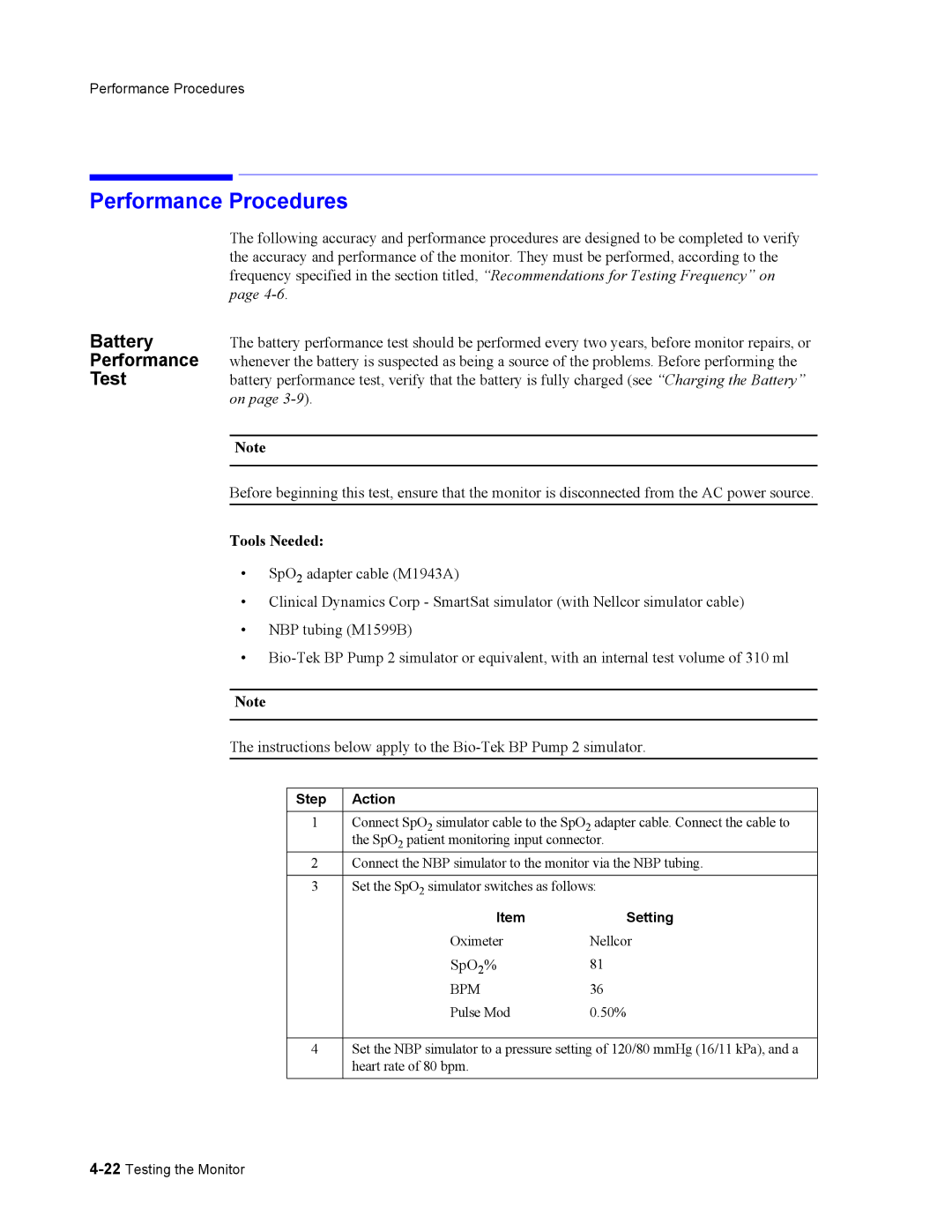 Philips 862478, 862474 manual Performance Procedures, Battery 