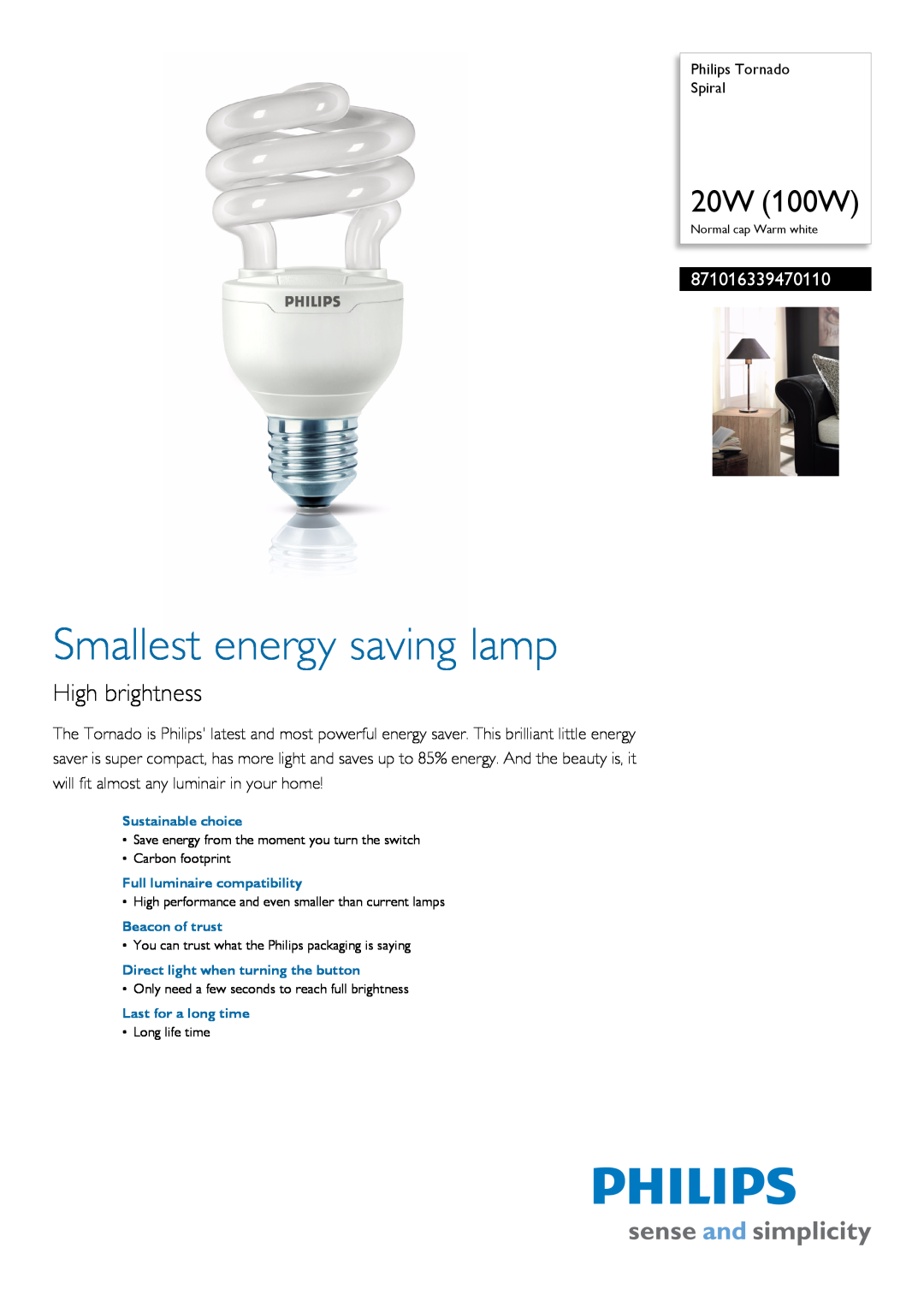 Philips 8.71E+14 manual 871016321151010, Smallest energy saving lamp, 5W 25W, High brightness 