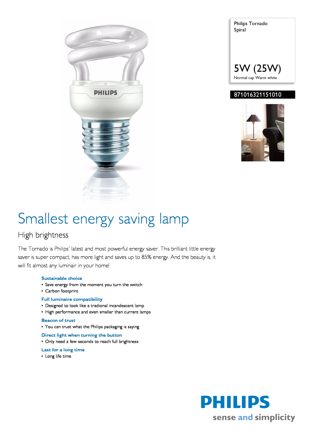 Philips 8.71E+14 manual 871016339470110, Smallest energy saving lamp, 20W 100W, High brightness 