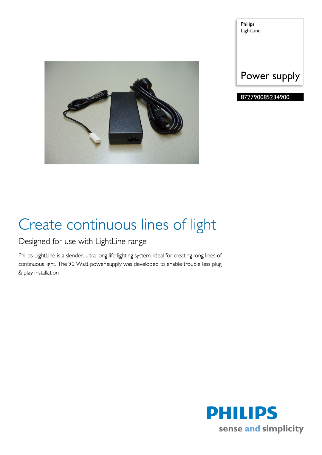Philips 872790085234900 manual Philips LightLine, Create continuous lines of light, Power supply 