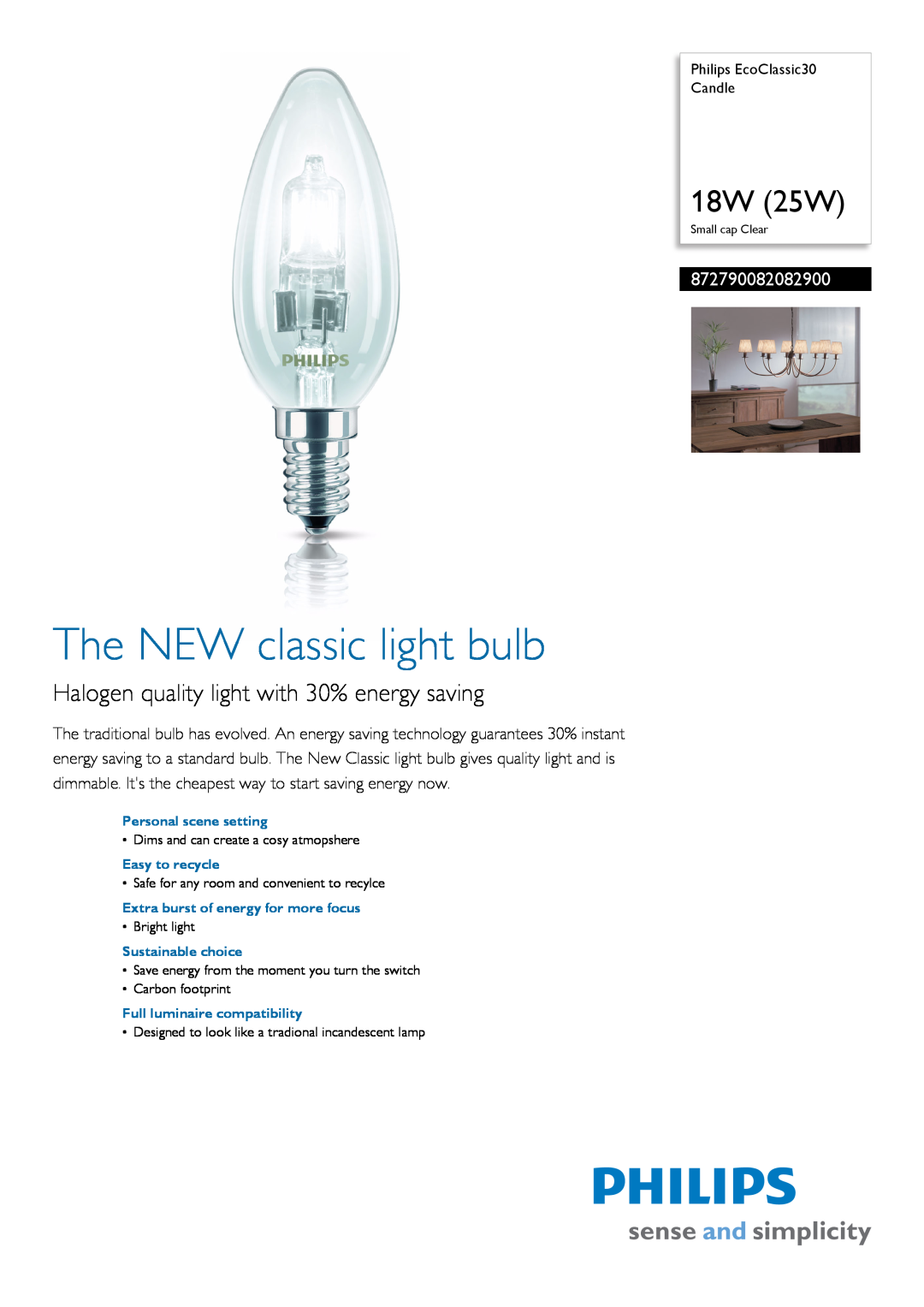 Philips 8.73E+14 manual 872790082098000, The NEW classic light bulb, 42W 60W, Halogen quality light with 30% energy saving 