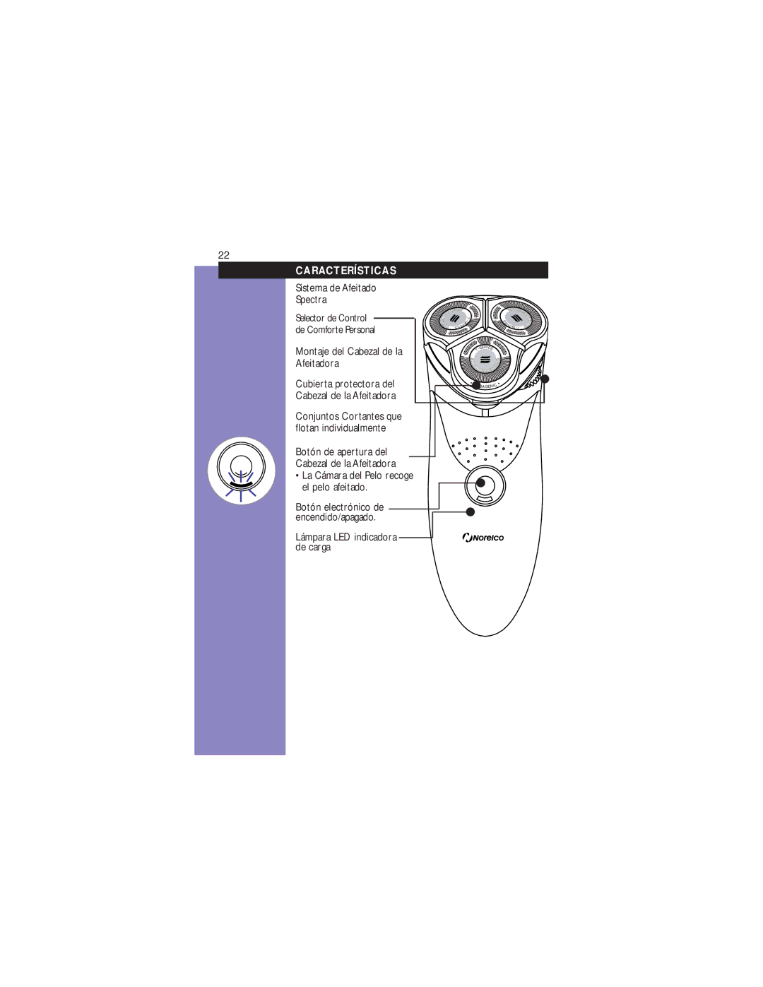 Philips 8825 XL manual Características, Sistema de Afeitado Spectra, Lámpara LED indicadora de carga 