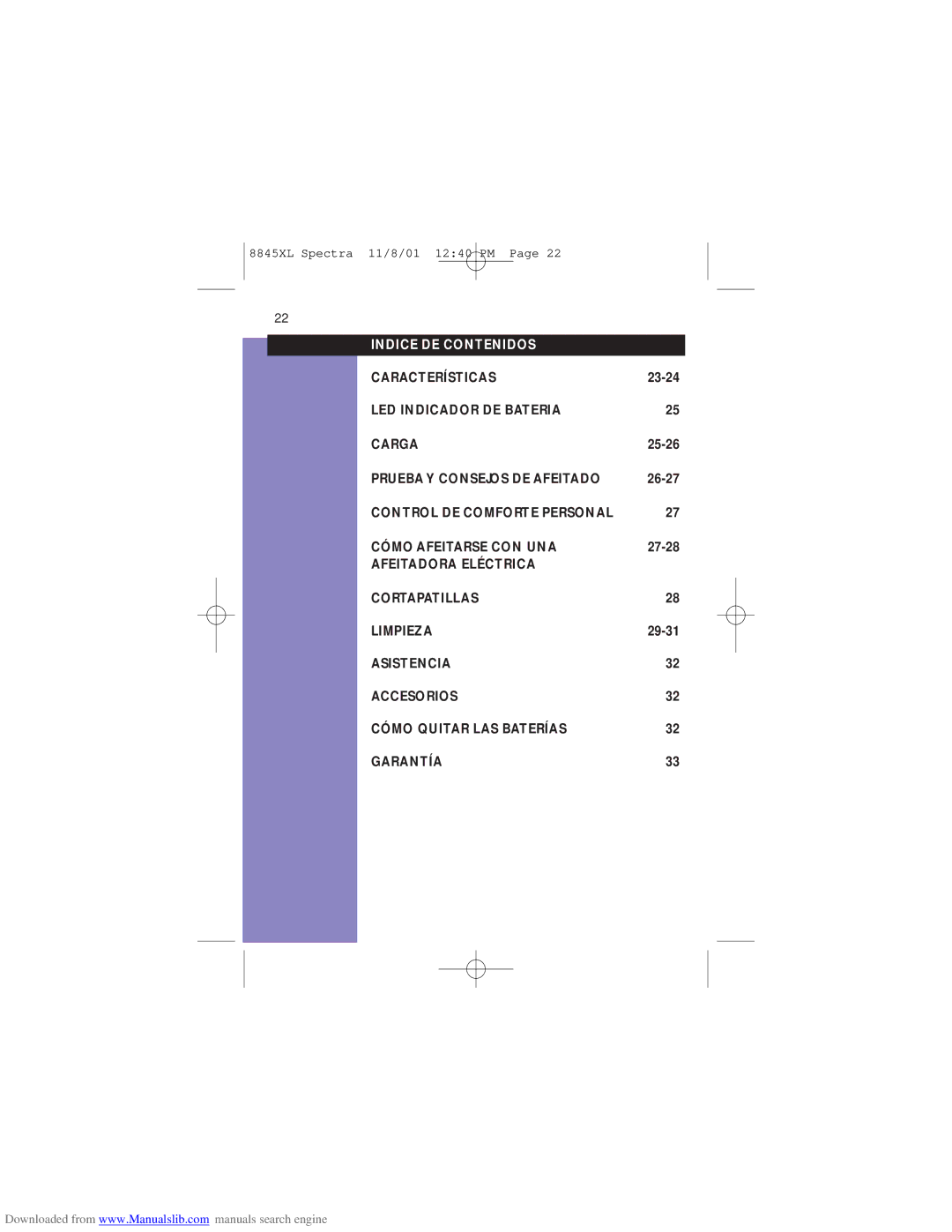 Philips 8845XL manual Indice DE Contenidos 