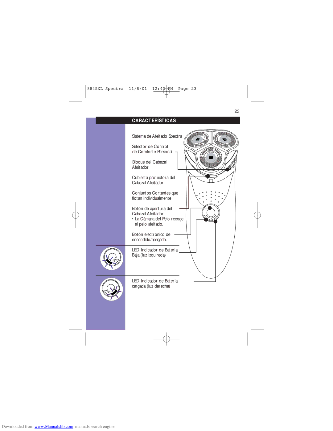 Philips 8845XL manual Características, Sistema de Afeitado Spectra, Bloque del Cabezal Afeitador Cubierta protectora del 