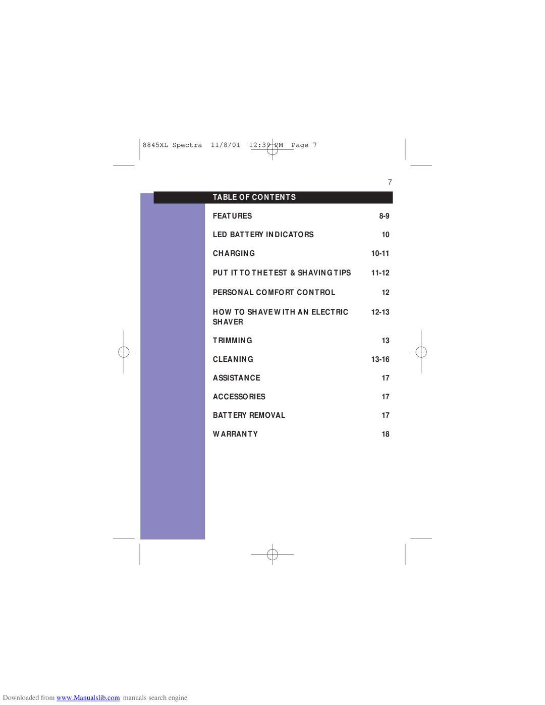 Philips 8845XL manual Table of Contents 