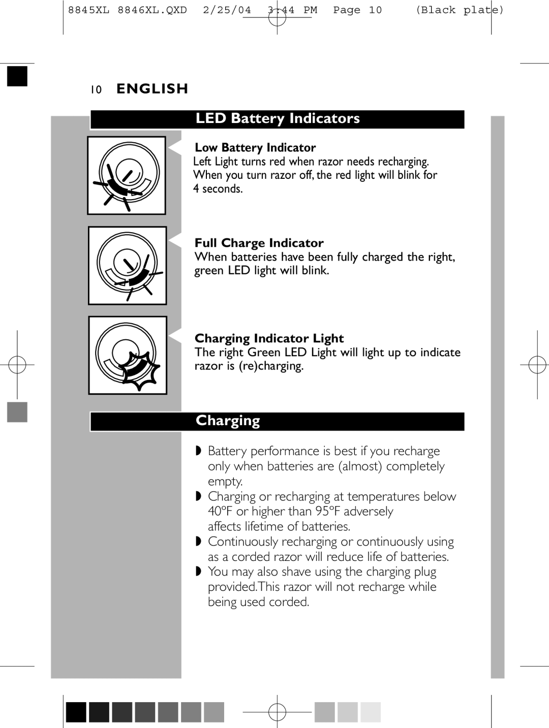 Philips 8846XL manual LED Battery Indicators, Charging, Affects lifetime of batteries 