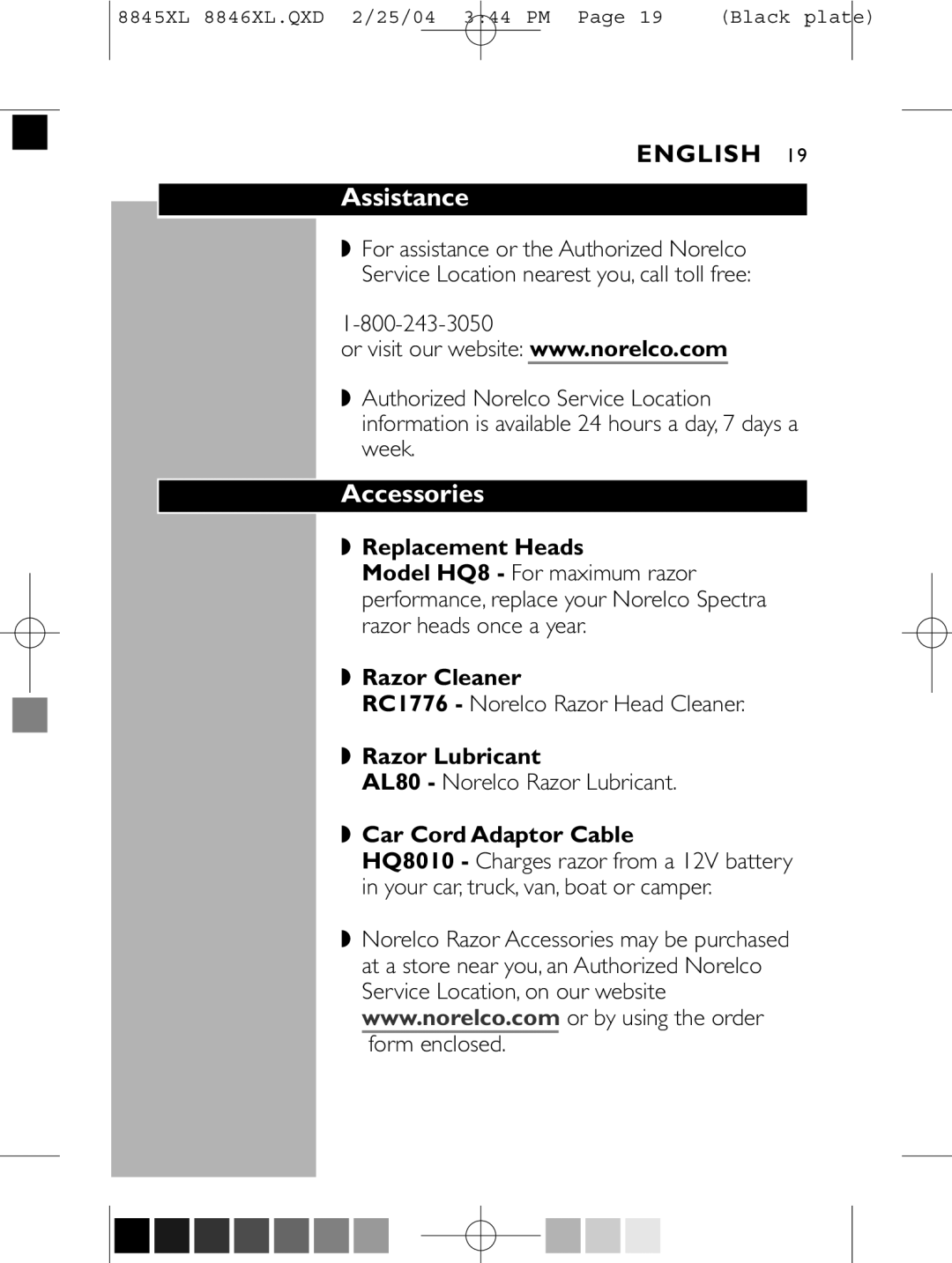 Philips 8846XL manual Assistance, Accessories, RC1776 Norelco Razor Head Cleaner, AL80 Norelco Razor Lubricant 