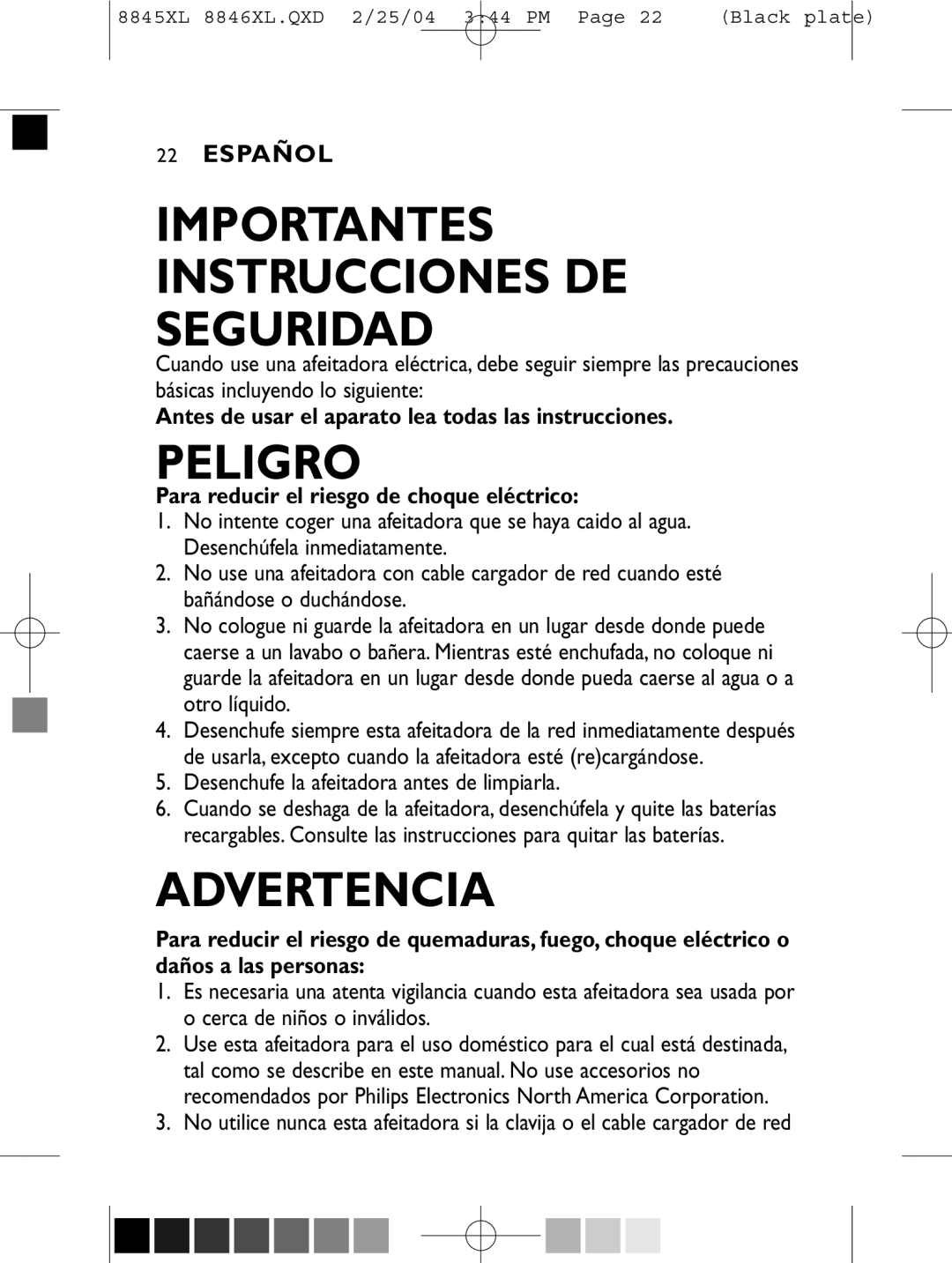 Philips 8846XL manual Importantes Instrucciones DE Seguridad, Desenchufe la afeitadora antes de limpiarla 