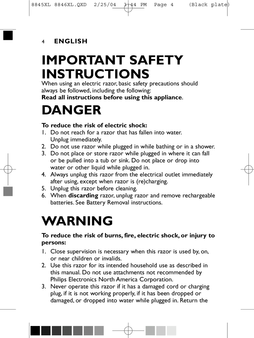 Philips 8846XL manual Important Safety Instructions 