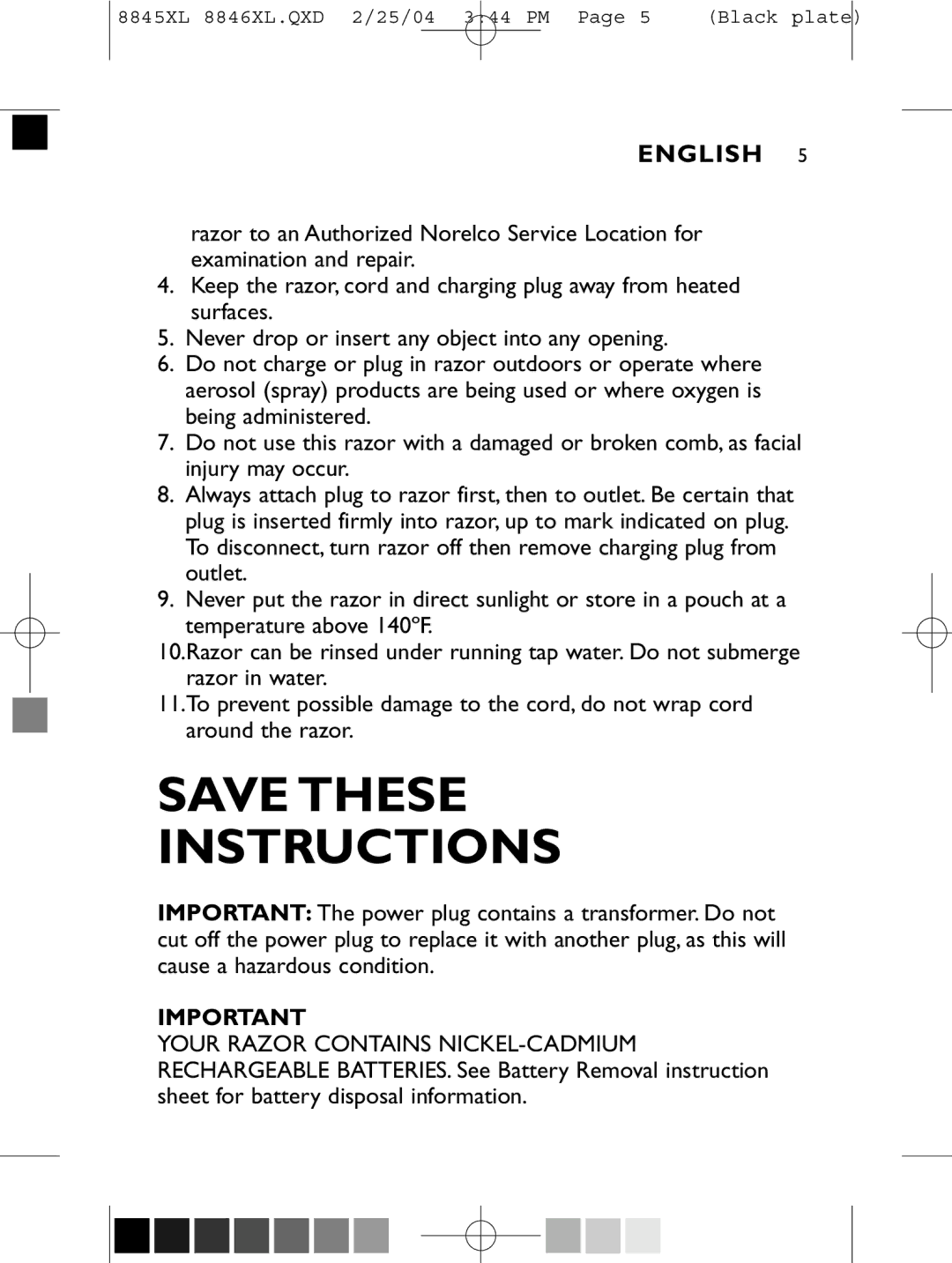 Philips 8846XL manual Save These Instructions 