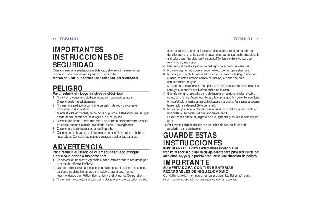 Philips 8867XL, 8865XL manual Importantes Instrucciones DE Seguridad 