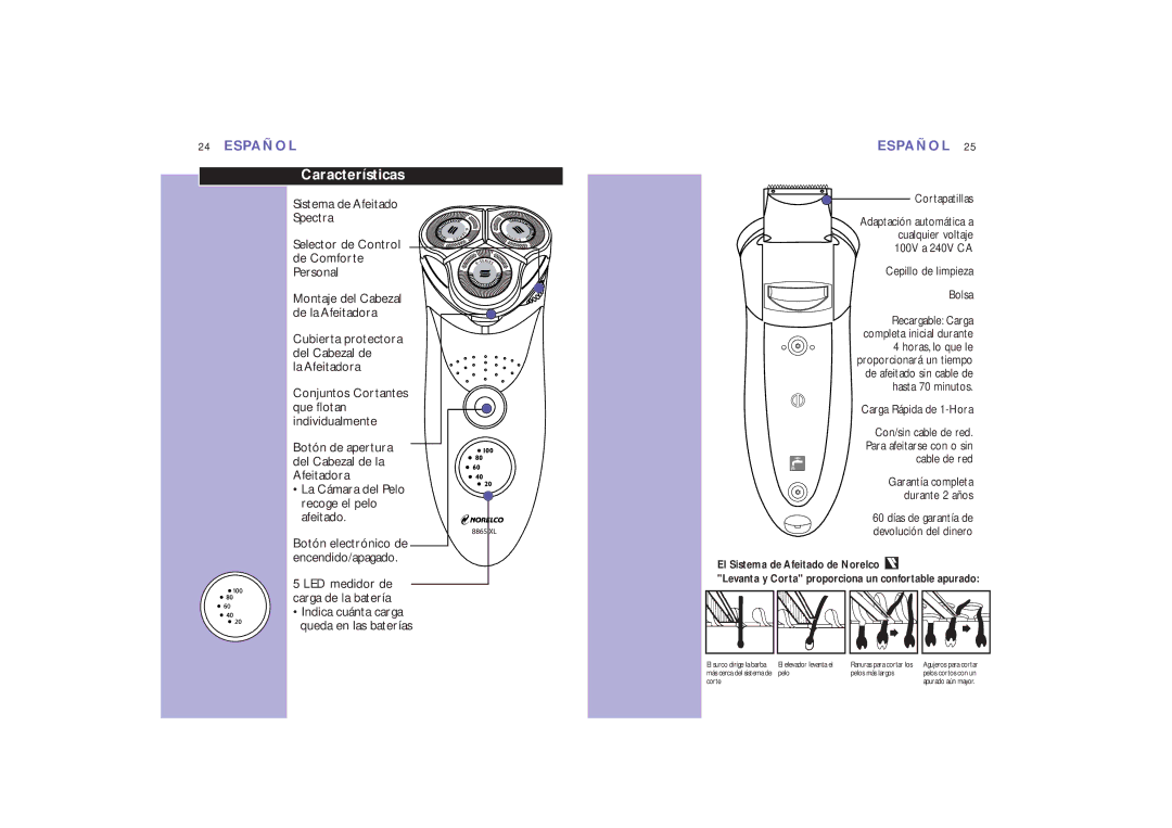 Philips 8867XL, 8865XL manual Características, La Afeitadora 