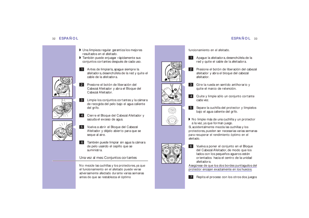 Philips 8867XL, 8865XL manual Una vez al mes Conjuntos cortantes 