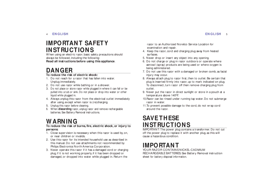 Philips 8867XL, 8865XL manual Important Safety Instructions 