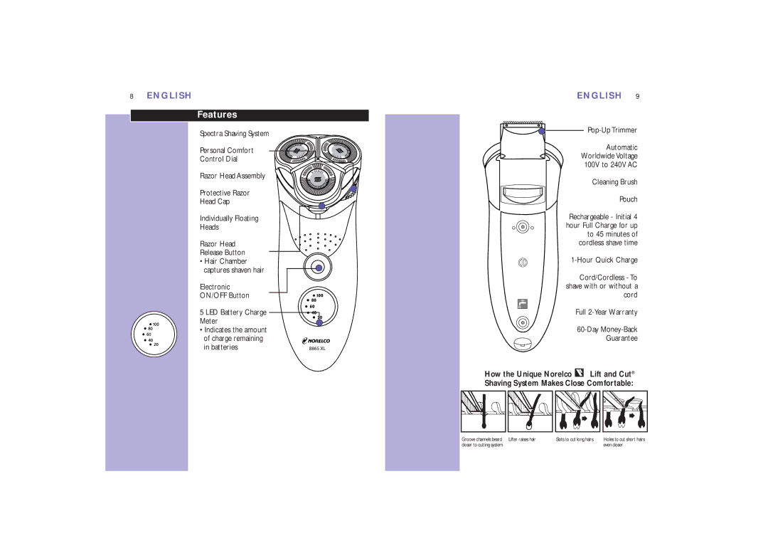 Philips 8867XL, 8865XL manual Features 