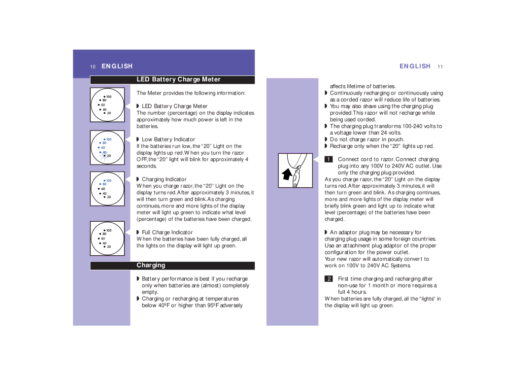 Philips 8865XL, 8867XL manual LED Battery Charge Meter, Charging, Full Charge Indicator, Affects lifetime of batteries 