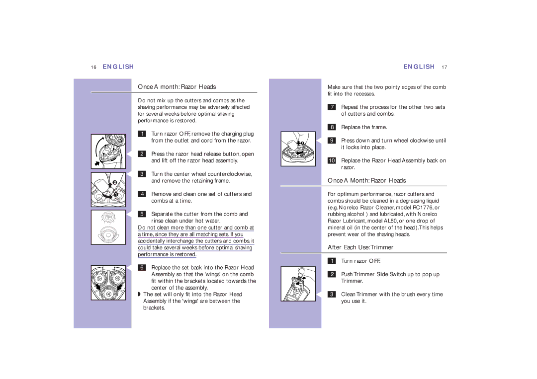 Philips 8867XL, 8865XL manual Once a month Razor Heads, After Each UseTrimmer 